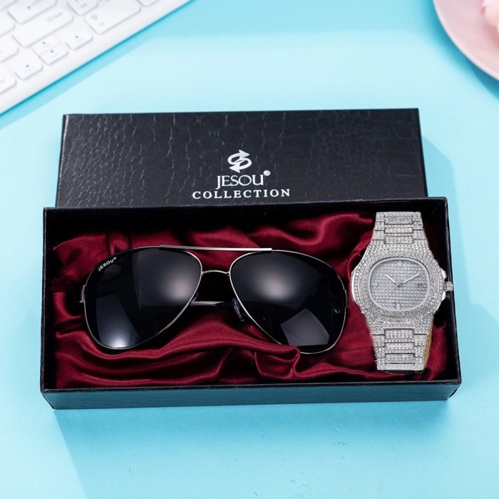 2PCS SET JESOU UNISEX LUXURY FOREVERMORE WATCH SET – FULLY STUDDED SILVER WATCH + DARK GLASSES (DESIGN OO2)