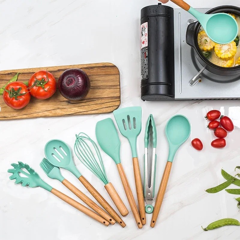 12PCS SILICON NON-STICK COOKING SPOON SET WITH WOODEN HANDLE
