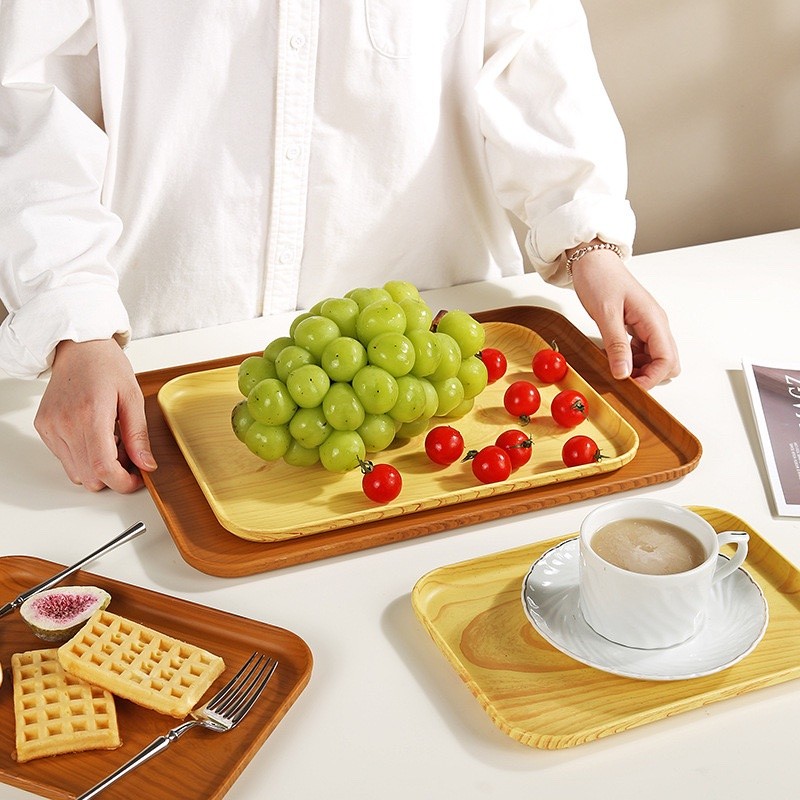 RECTANGULAR IMITATION WOOD COLOUR THICKENED PLASTIC SERVING TRAY